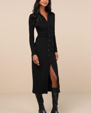 A Little Prep Black Button-Up Bodycon Midi Dress