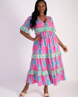 A Pink Pineapple Print Tiered Cotton Maxi Dress with Beaded and Metallic Details