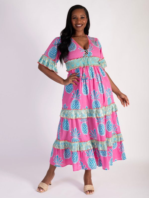 A Pink Pineapple Print Tiered Cotton Maxi Dress with Beaded and Metallic Details