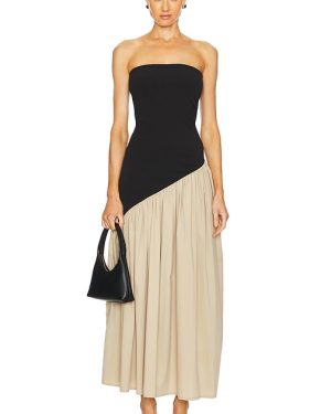 AAIZEL Asymmetric Two Tone Gather Dress in Black,Beige. Size 8/S.