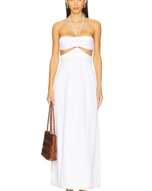 ADRIANA DEGREAS Solid Cut-Out Halterneck Long Dress in White. Size M, S.