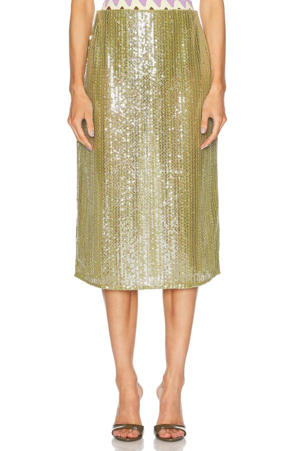 ADRIANA DEGREAS Solid Sequins Midi Skirt in Pistachio - Green. Size L (also in M, S).