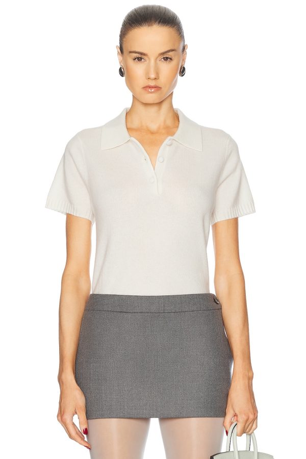 AEXAE Cashmere T Shirt Polo Top in Bone - Cream. Size M (also in S, XS).