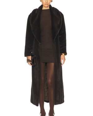 AEXAE Faux Fur Long Line Belted Coat in Brown - Chocolate. Size L (also in M).