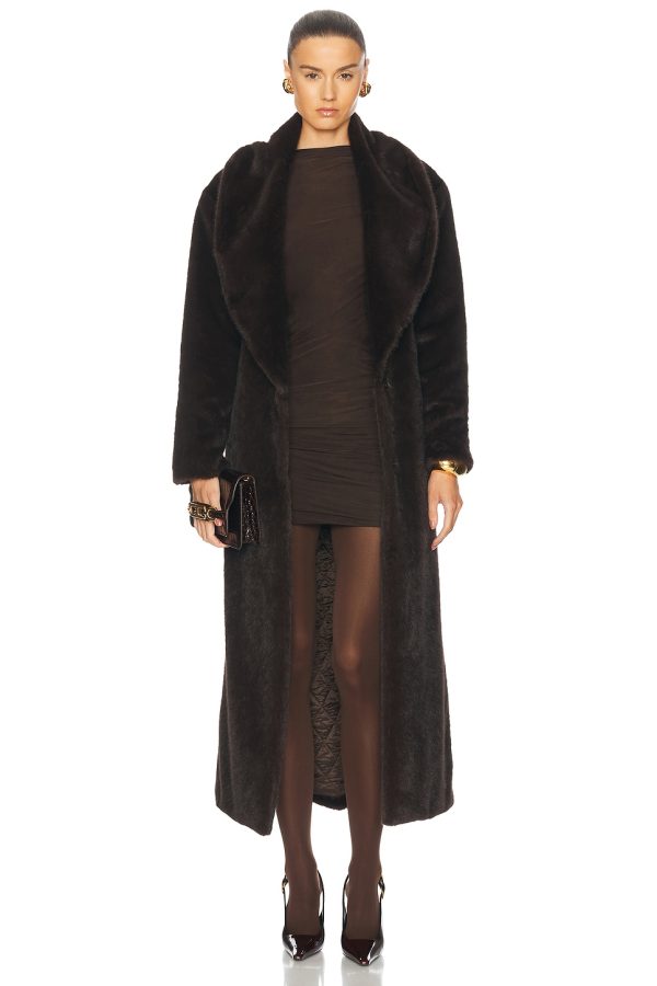 AEXAE Faux Fur Long Line Belted Coat in Brown - Chocolate. Size L (also in M).