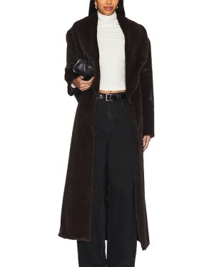 AEXAE Faux Fur Long Line Belted Coat in Chocolate. Size M.