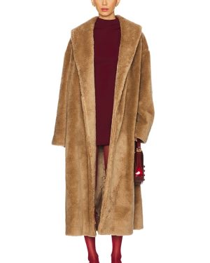 AEXAE Faux Fur Wrap Coat in Tan. Size M, S.
