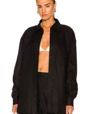 AEXAE Linen Woven Shirt in Black - Black. Size L (also in M, S, XS).