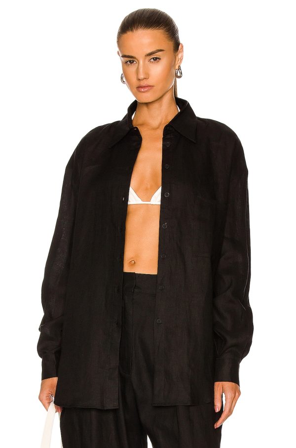 AEXAE Linen Woven Shirt in Black - Black. Size L (also in M, S, XS).