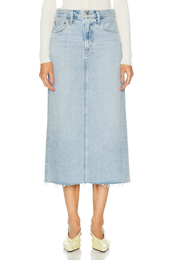 AGOLDE Della Skirt in Practice - Denim-Light. Size 25 (also in 26, 28, 31, 34).