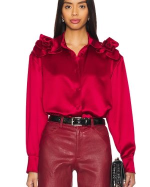 AKNVAS Flor Satin Button Down Shirt in Red. Size S, XS.