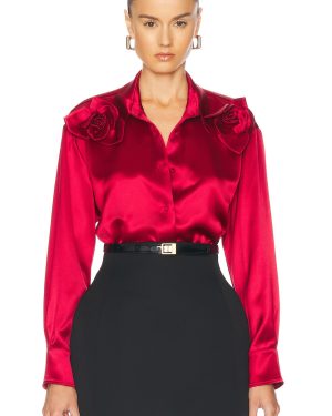 AKNVAS Flor Satin Two Roses Button Down Shirt in Poppy - Red. Size L (also in M, S, XS).