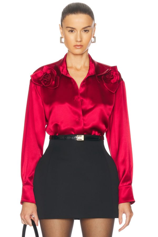 AKNVAS Flor Satin Two Roses Button Down Shirt in Poppy - Red. Size L (also in M, S, XS).