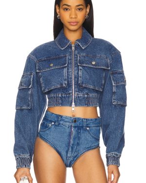 AKNVAS Kolbe Cropped Denim Bomber Jacket in Blue. Size S, XL, XS.