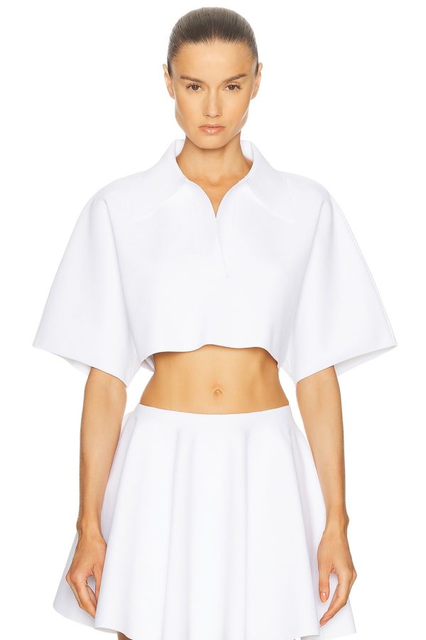 ALAÏA Crop Polo Top in Blanc - White. Size 34 (also in 40, 42).