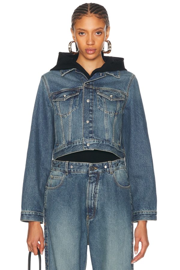 ALAÏA Hooded Denim Jacket in Bleu Vintage - Denim-Medium. Size 38 (also in 40).