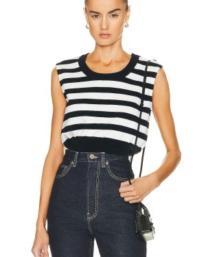 ALAÏA Knit Crop Top in Marine & Ivory - Navy. Size 42 (also in ).