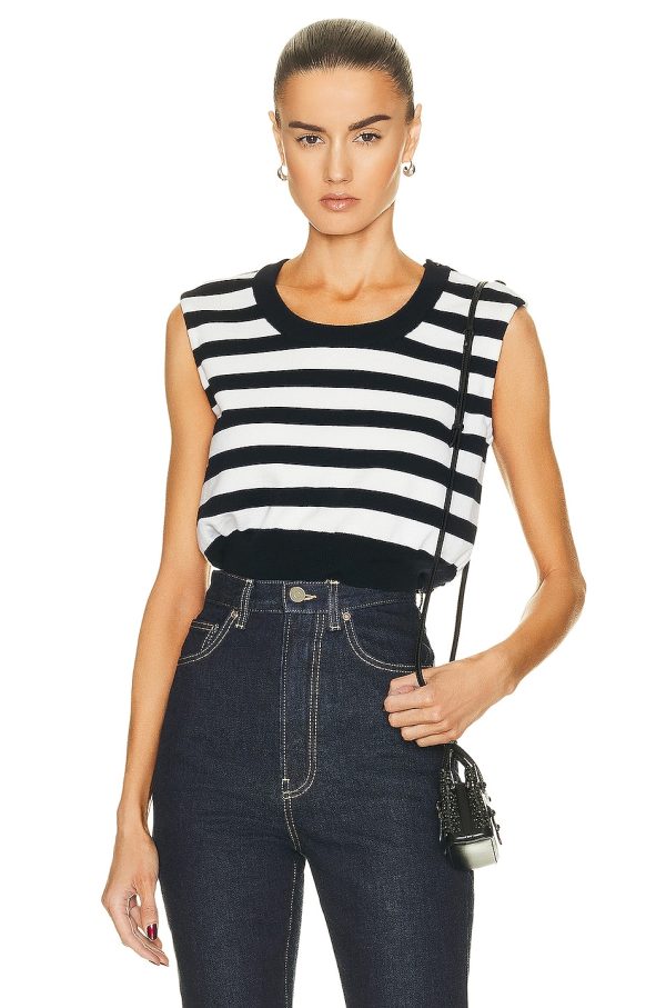 ALAÏA Knit Crop Top in Marine & Ivory - Navy. Size 42 (also in ).