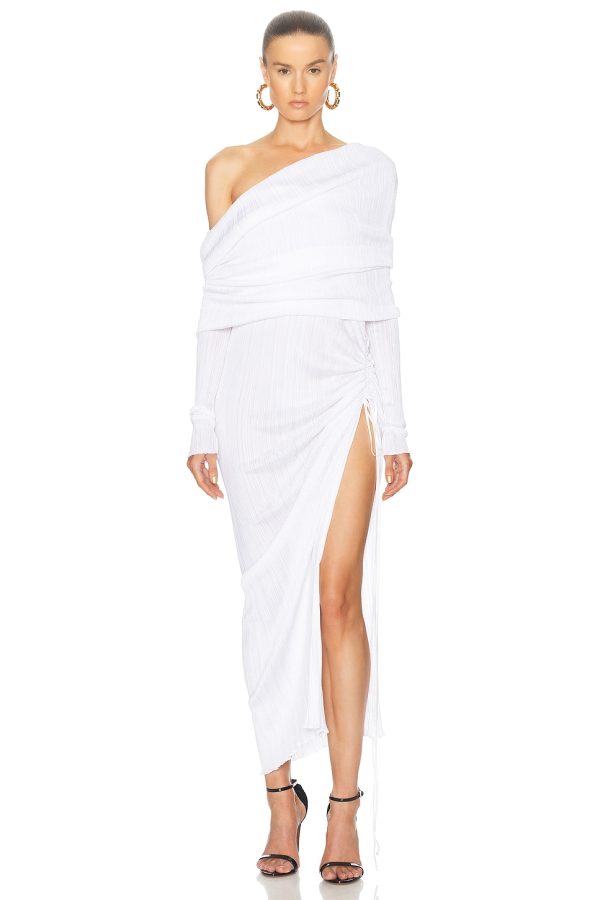 ALAÏA Off Shoulder Asymmetric Dress in Blanc Optique - White. Size 40 (also in ).
