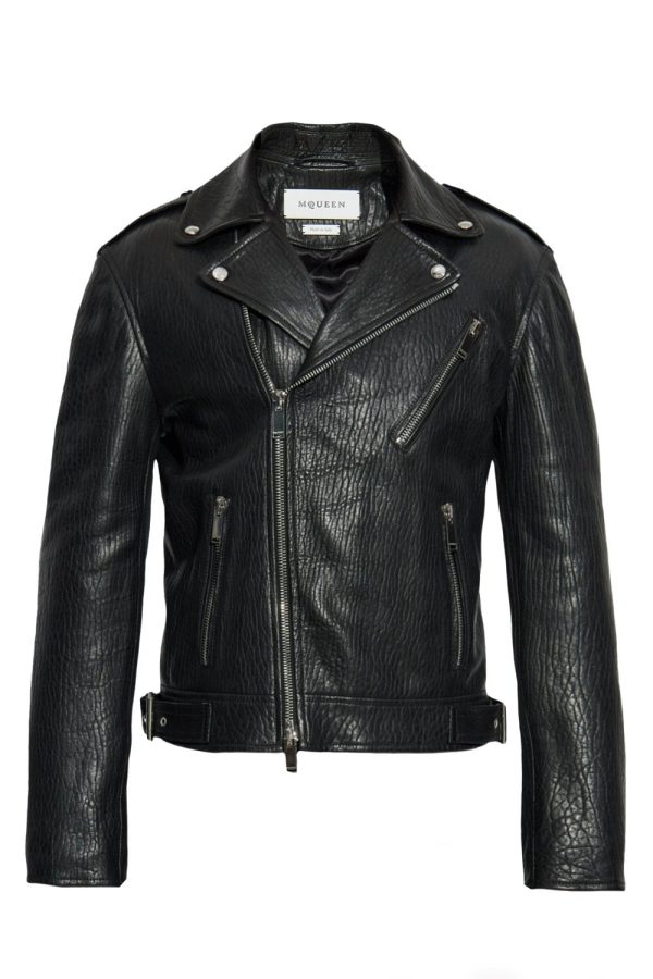 ALEXANDER MCQUEEN GRAIN LEATHER BIKER JACKET Size: 52, colour: BLACK