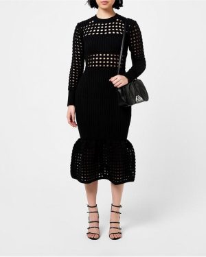 ALEXANDER MCQUEEN Knitted Mesh Midi Dress - Black