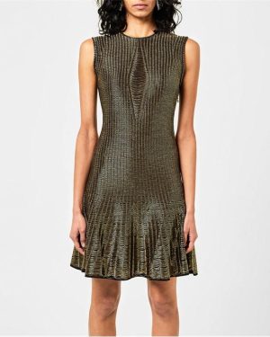 ALEXANDER MCQUEEN Metallic Flared Knitted Mini Dress - Gold