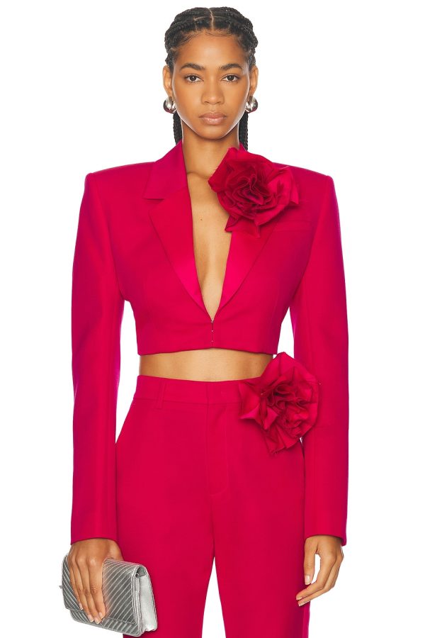 AREA Flower Corsage Cropped Blazer in Raspberry - Pink. Size 0 (also in ).