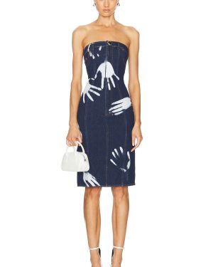 AREA Handprint Strapless Midi Dress in Dark Blue - Denim-Medium. Size 4 (also in 6).