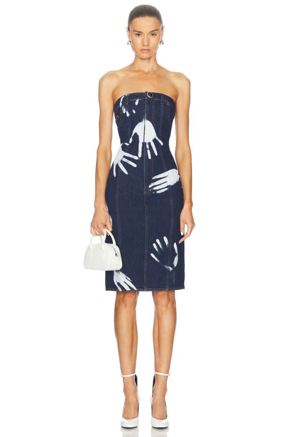 AREA Handprint Strapless Midi Dress in Dark Blue - Denim-Medium. Size 4 (also in 6).