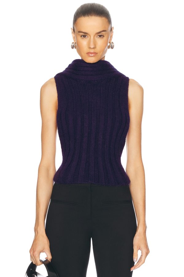 AREA Sleeveless Twisted Knit Top in Midnight Blue - Navy. Size L (also in M, S, XL, XS).