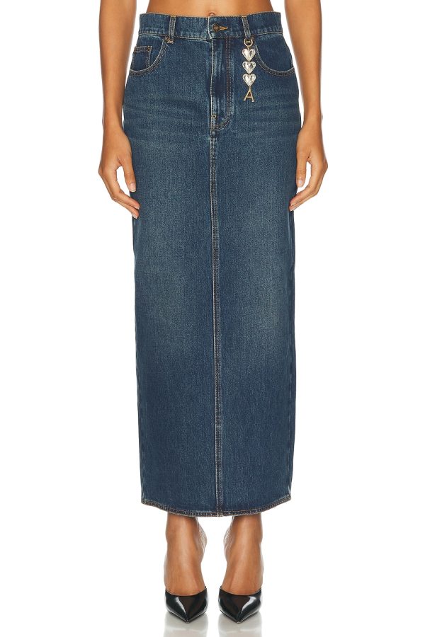 AREA Slit Midi Skirt in Dark Medium Wash - Denim-Dark. Size 26 (also in 27).