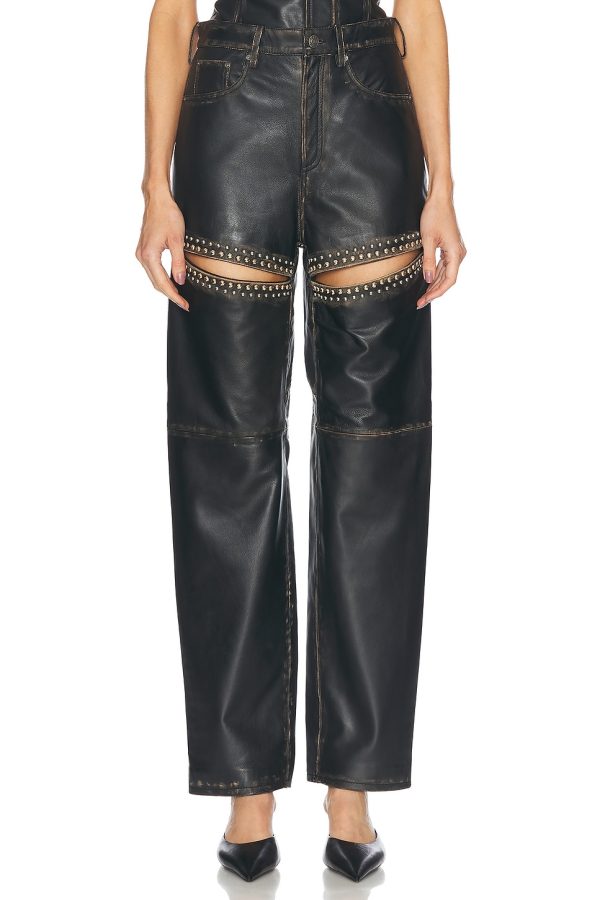 AREA Studded Leather Slit Leg Pant in Black - Black. Size 10 (also in 2, 6).