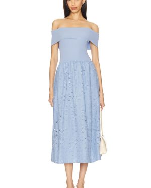 ASTR the Label Mixed Media Off Shoulder Dress in Blue. Size M, S, XS.