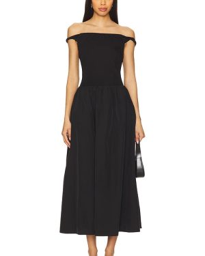 ASTR the Label Off Shoulder Poplin Dress in Black. Size M, S.