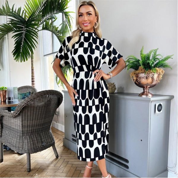 AX Paris Black And Cream Abstract Print High Neck Wrap Skirt Midi Dress - Multi