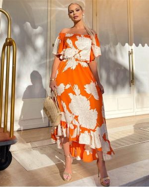 AX Paris Blood Orange Printed Bardot Style Midi Dress