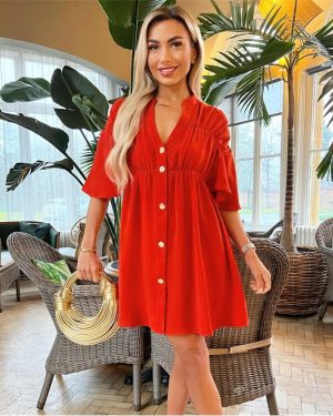 AX Paris Burnt Orange Button Up Ruched Detail Smock Dress