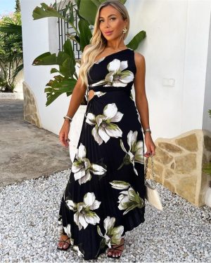 AX Paris Floral Print One Shoulder Cut Out Pleated Midi Dress - Multi