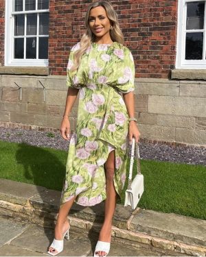 AX Paris Green Floral Satin Batwing Top Wrap Skirt Midi Dress