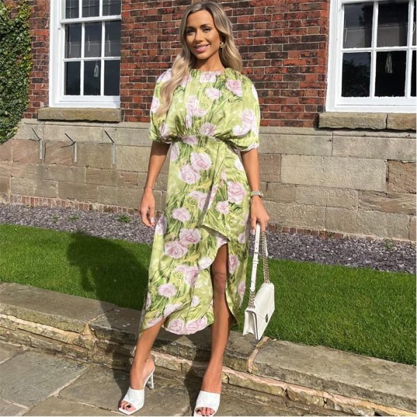 AX Paris Green Floral Satin Batwing Top Wrap Skirt Midi Dress