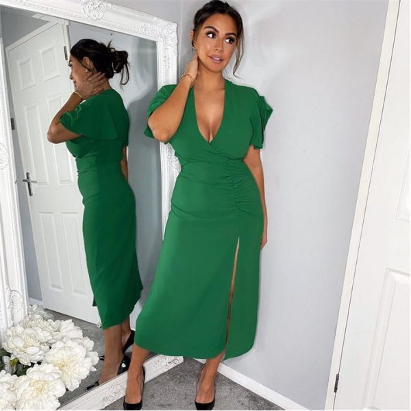 AX Paris Green Ruched Split Leg Midi Dress