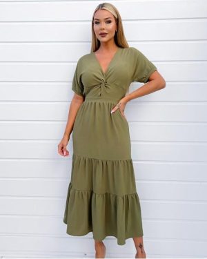 AX Paris Khaki Twist Front Maxi Smock Dress - Green