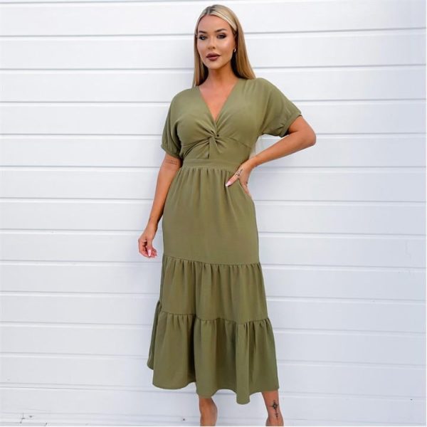 AX Paris Khaki Twist Front Maxi Smock Dress - Green