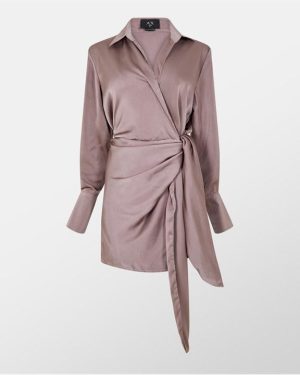 AX Paris Paris Tie Wrap Satin Mocha Mini Dress - Brown
