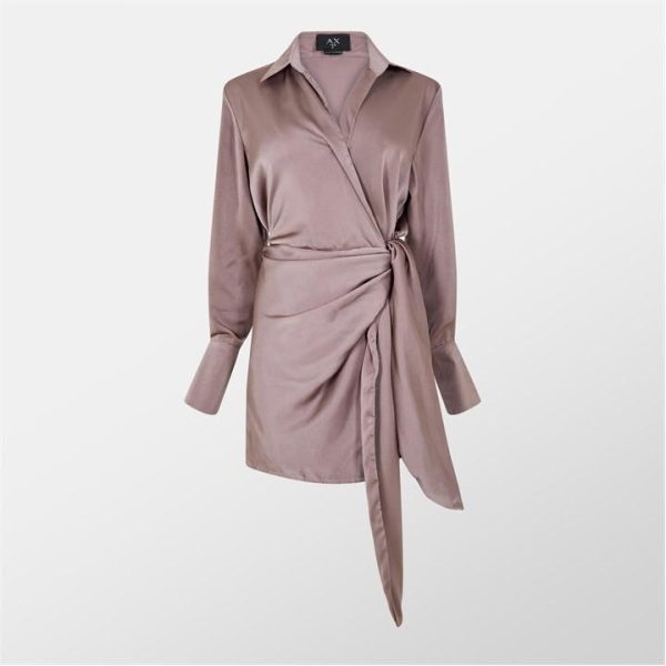 AX Paris Paris Tie Wrap Satin Mocha Mini Dress - Brown