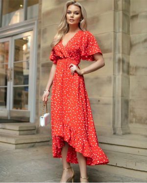AX Paris Red And White Polka Dot Printed High Low Midi Dress