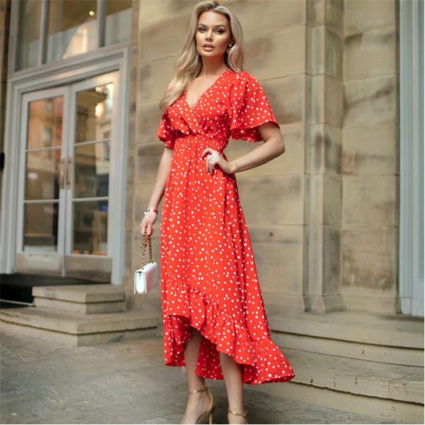 AX Paris Red And White Polka Dot Printed High Low Midi Dress