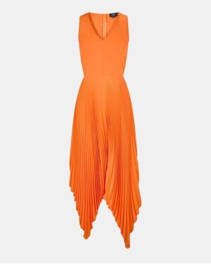 AX Paris V Neck Pleated Skirt Belted Waist Midi Dress - Orange