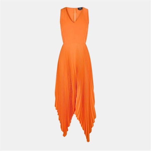 AX Paris V Neck Pleated Skirt Belted Waist Midi Dress - Orange