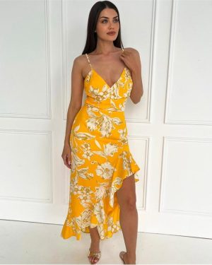 AX Paris Yellow Floral Printed Strappy High Low Frill Hem Midi Dress